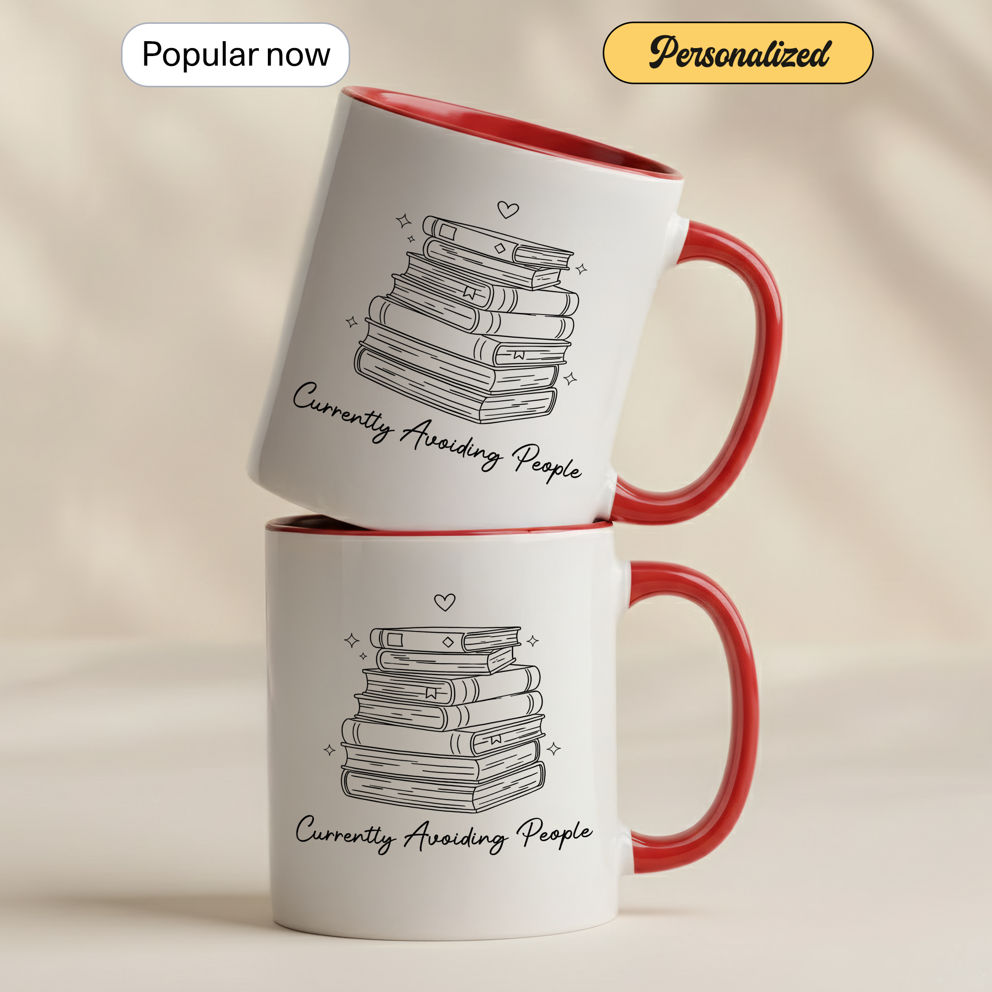Cozy Reading Time Mug – Stack of Books Coffee Cup – Minimalist Book Lover Ringer Mug – Gift for Readers |Mug 98