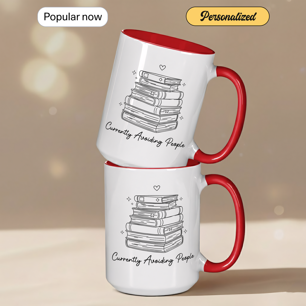 Cozy Reading Time Mug – Stack of Books Coffee Cup – Minimalist Book Lover Ringer Mug – Gift for Readers |Mug 98