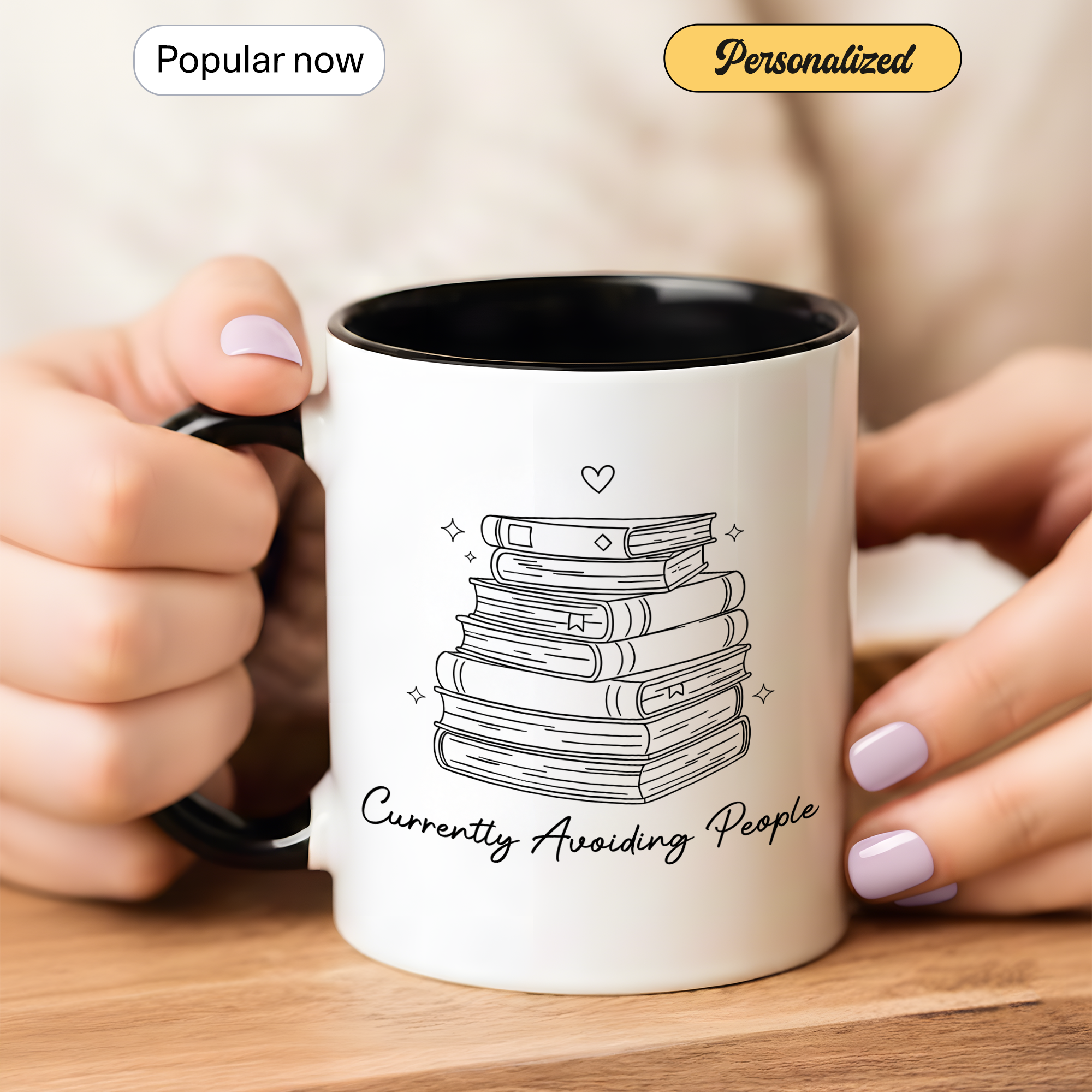 Cozy Reading Time Mug – Stack of Books Coffee Cup – Minimalist Book Lover Ringer Mug – Gift for Readers |Mug 98