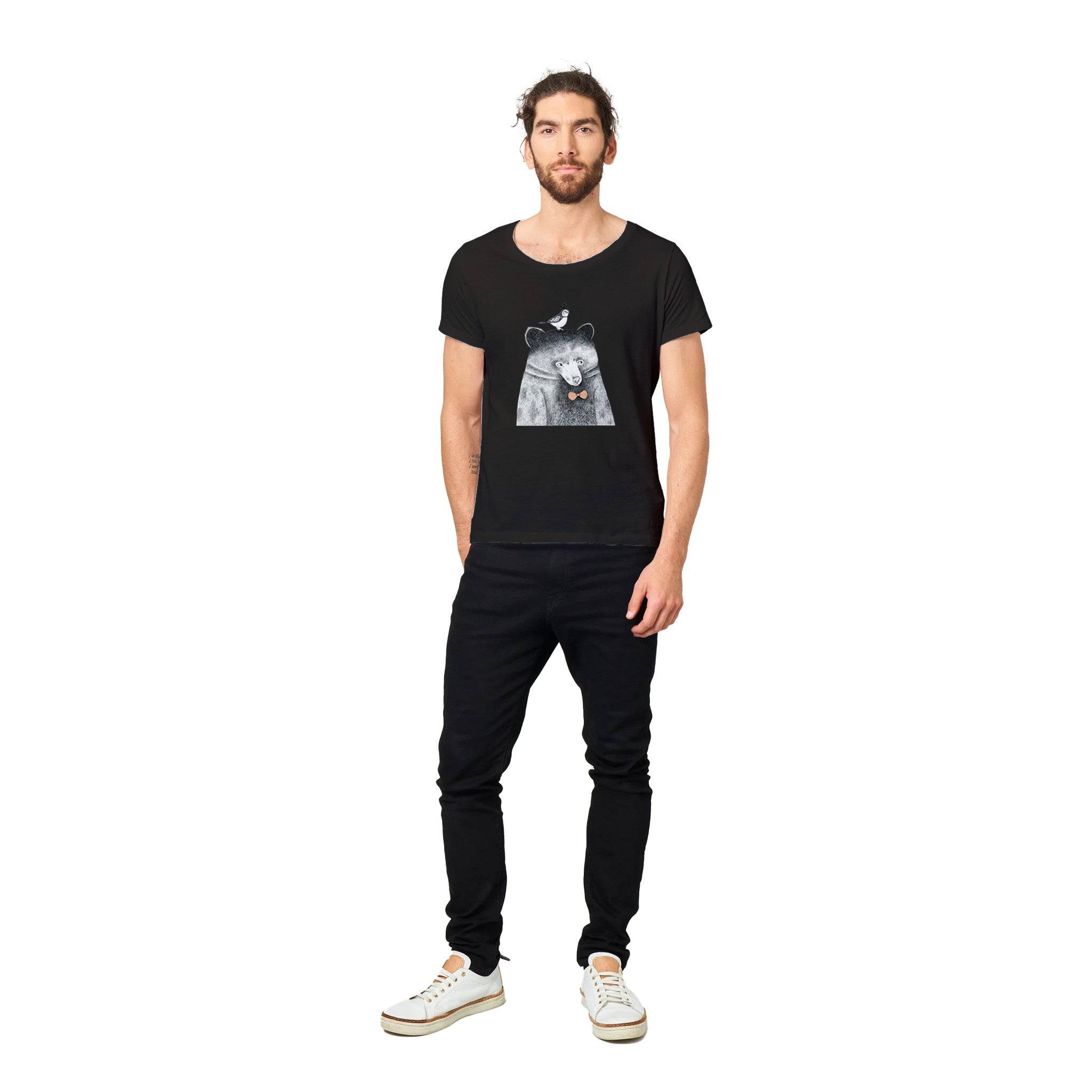 100% Organic Unisex T-shirt/Hand-Drawn-Bear-With-A-Bird-On-Her-Head
