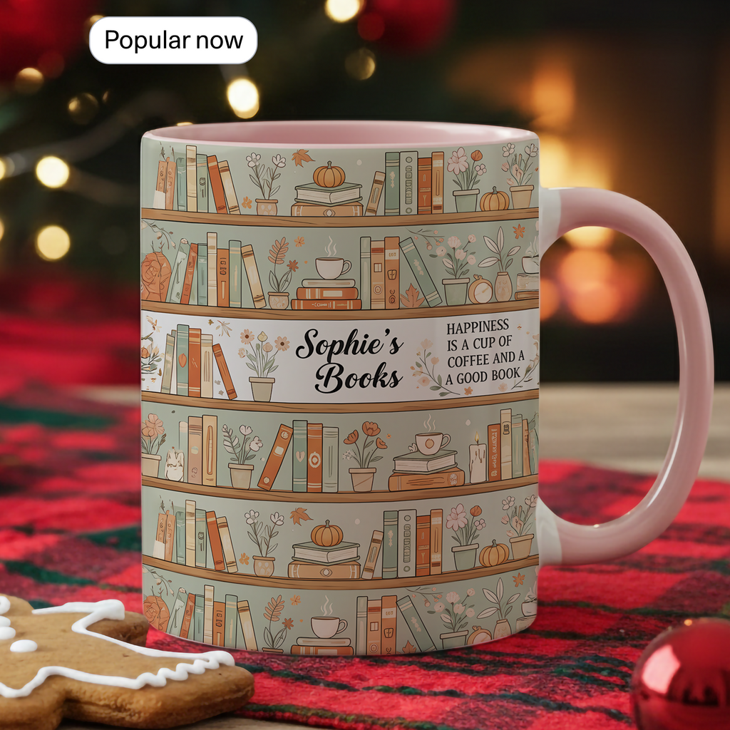 Personalized Book Lover Mug – Custom Name Bookshelf Coffee Cup – Happiness Is Coffee and a Good Book – 11oz 15oz Ringer Mug |Mug 123