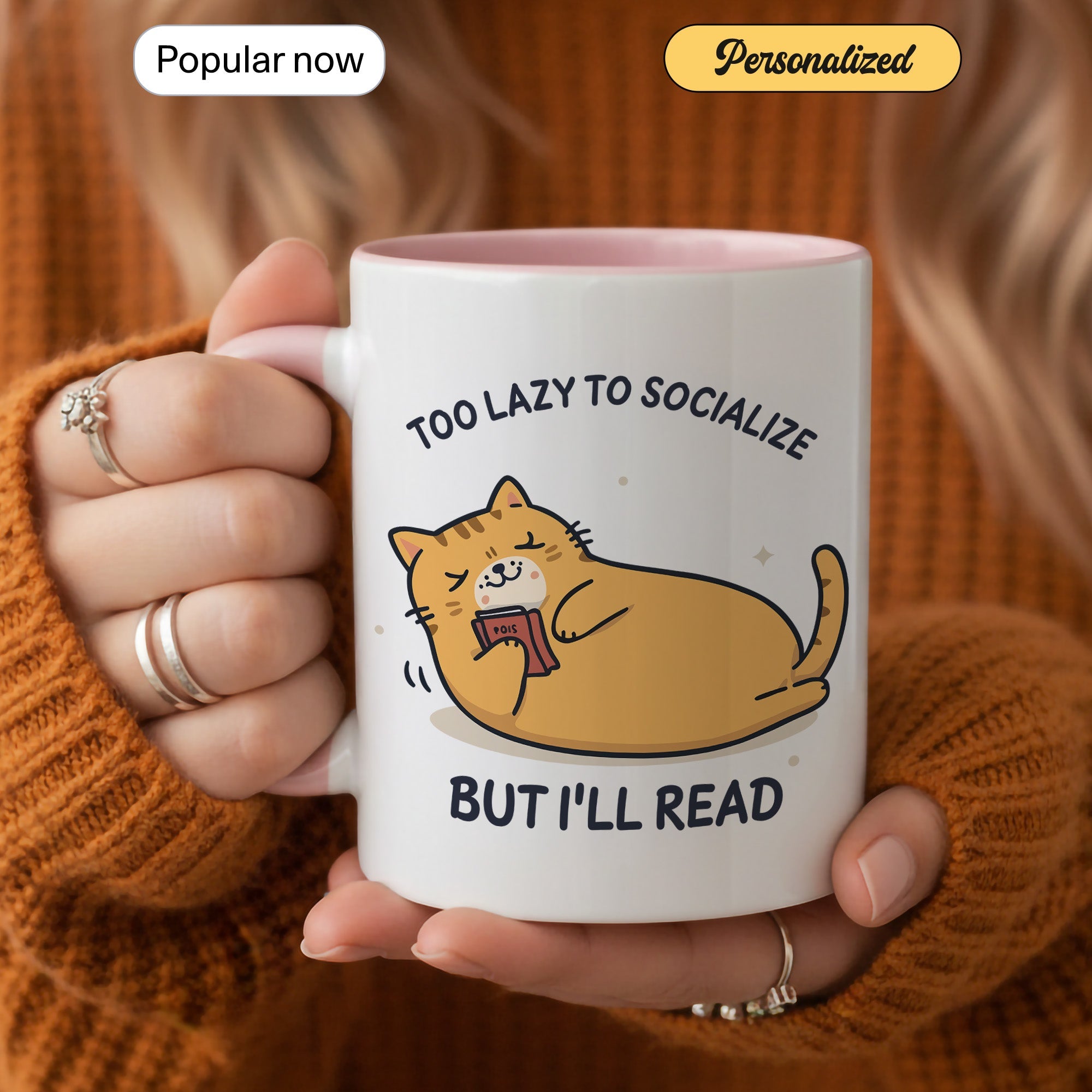Too Lazy To Socialize But I’ll Read Mug – Funny Cat Lover Book Mug – Introvert Reader Coffee Cup – 11oz 15oz Ringer | Mug 130