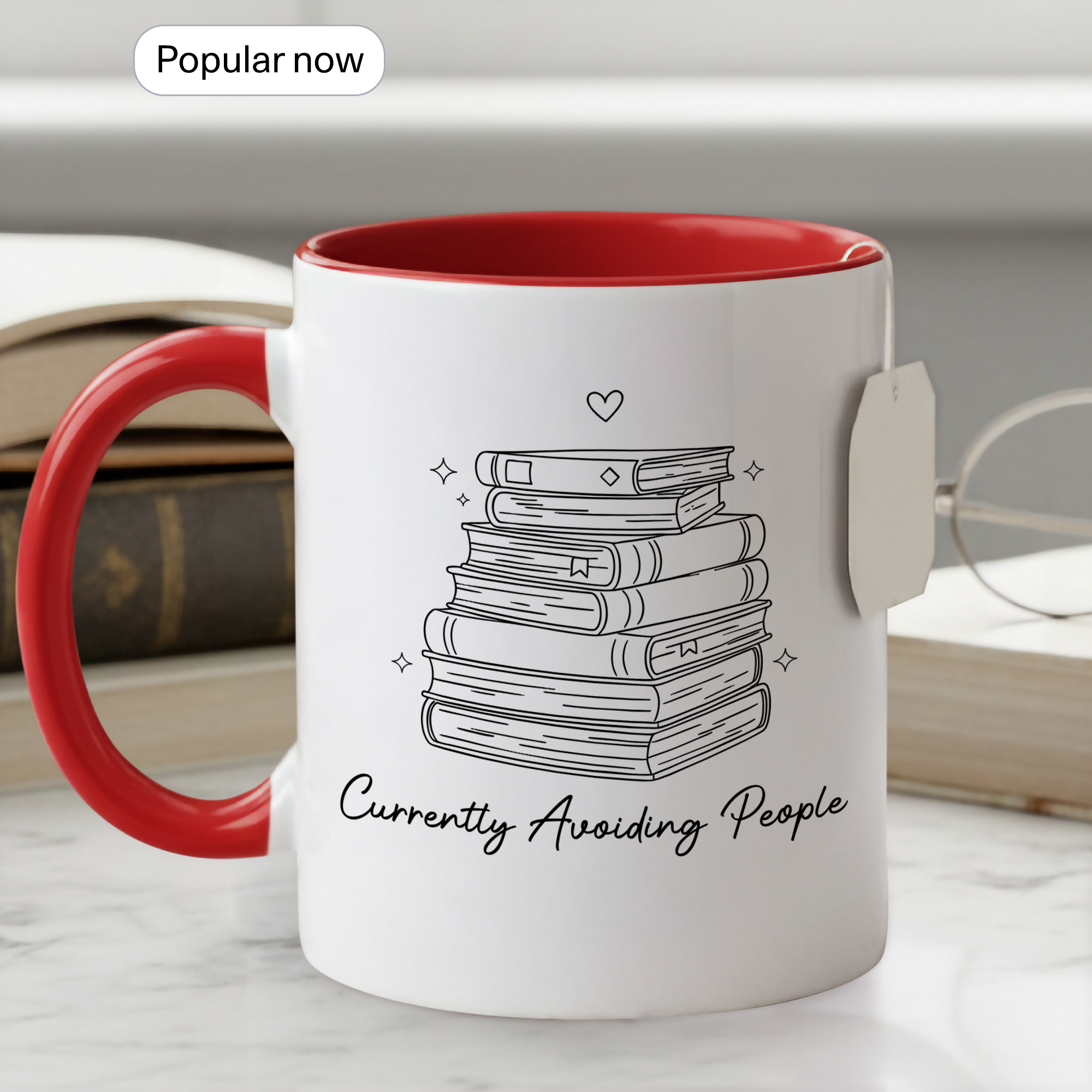 Cozy Reading Time Mug – Stack of Books Coffee Cup – Minimalist Book Lover Ringer Mug – Gift for Readers |Mug 98