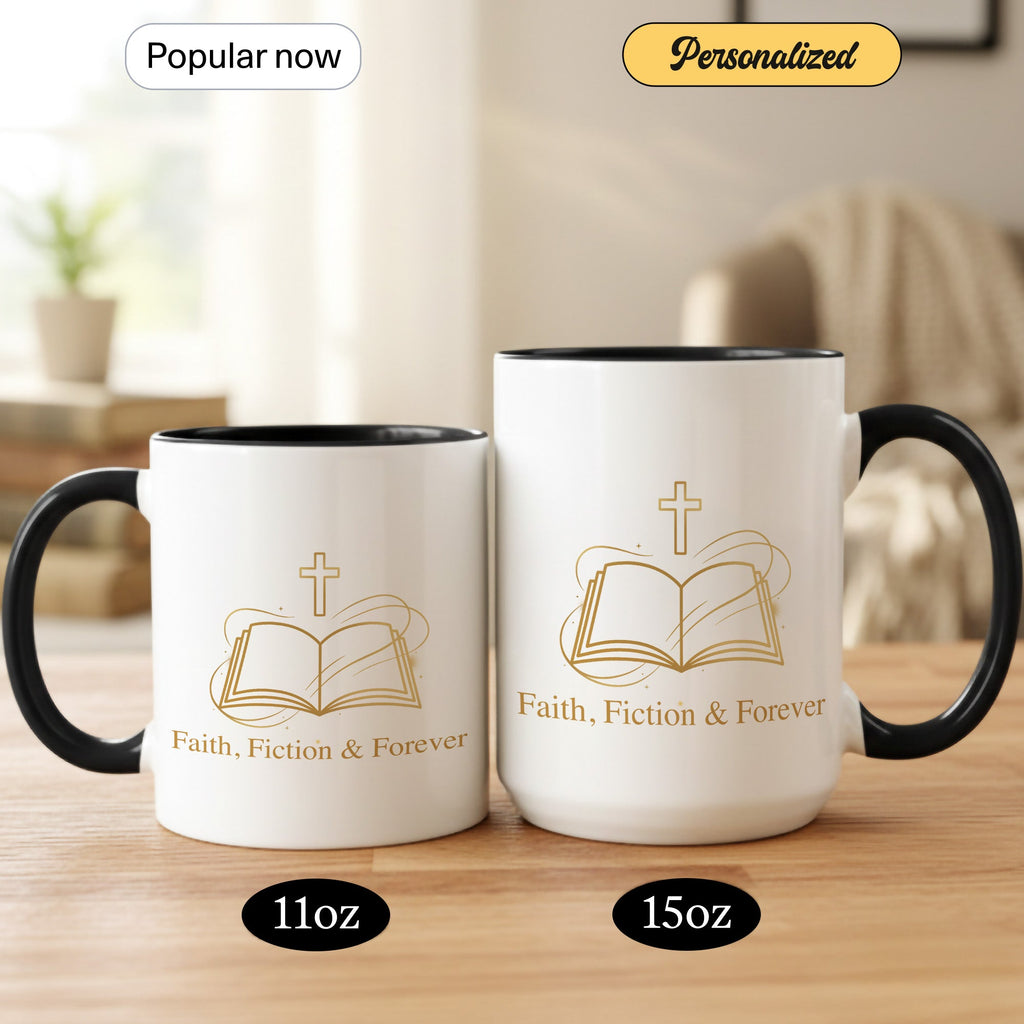 Faith Fiction & Forever Mug – Christian Book Lover Coffee Cup – Bible Reader Gift – 11oz 15oz Ringer Mug |Mug 153