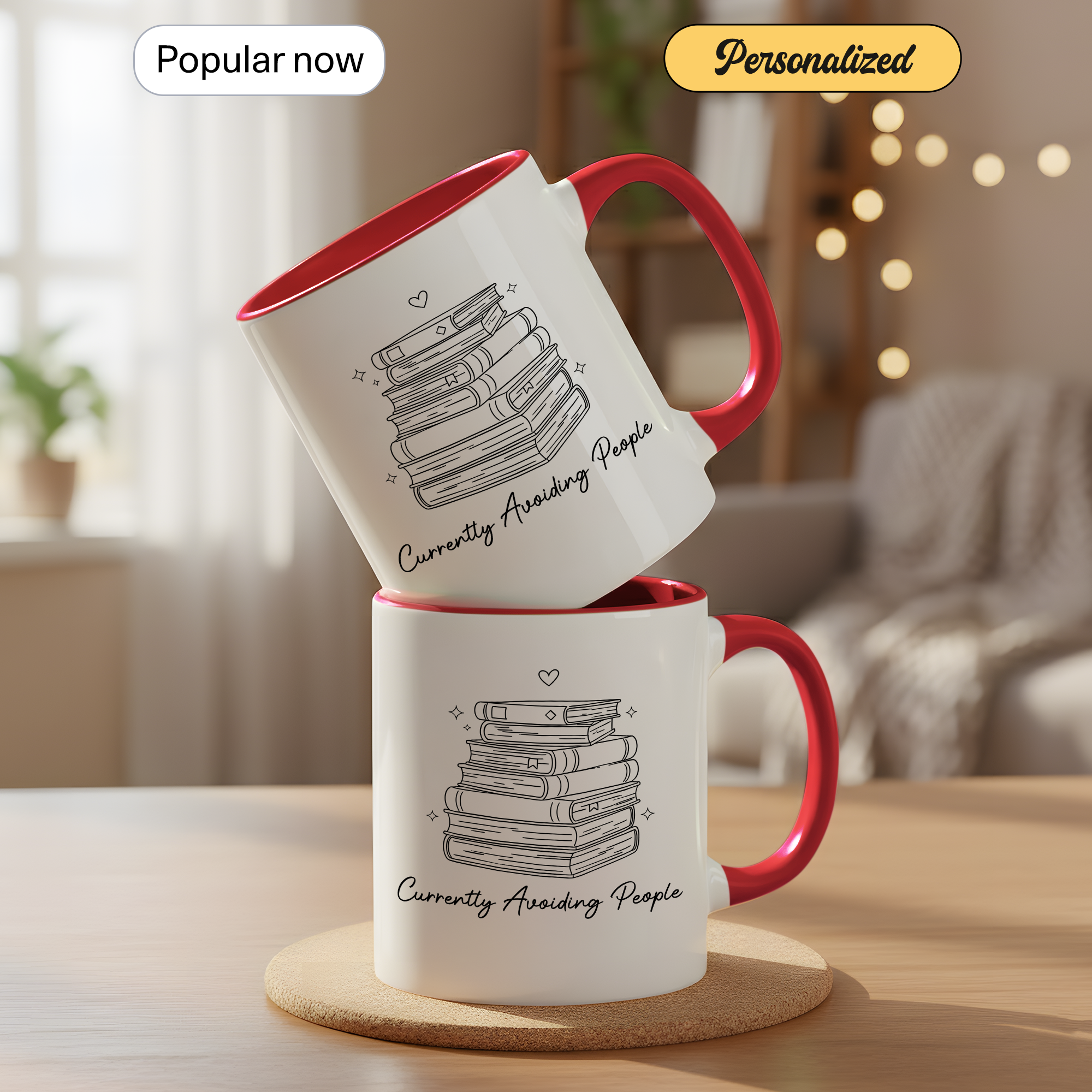 Cozy Reading Time Mug – Stack of Books Coffee Cup – Minimalist Book Lover Ringer Mug – Gift for Readers |Mug 98