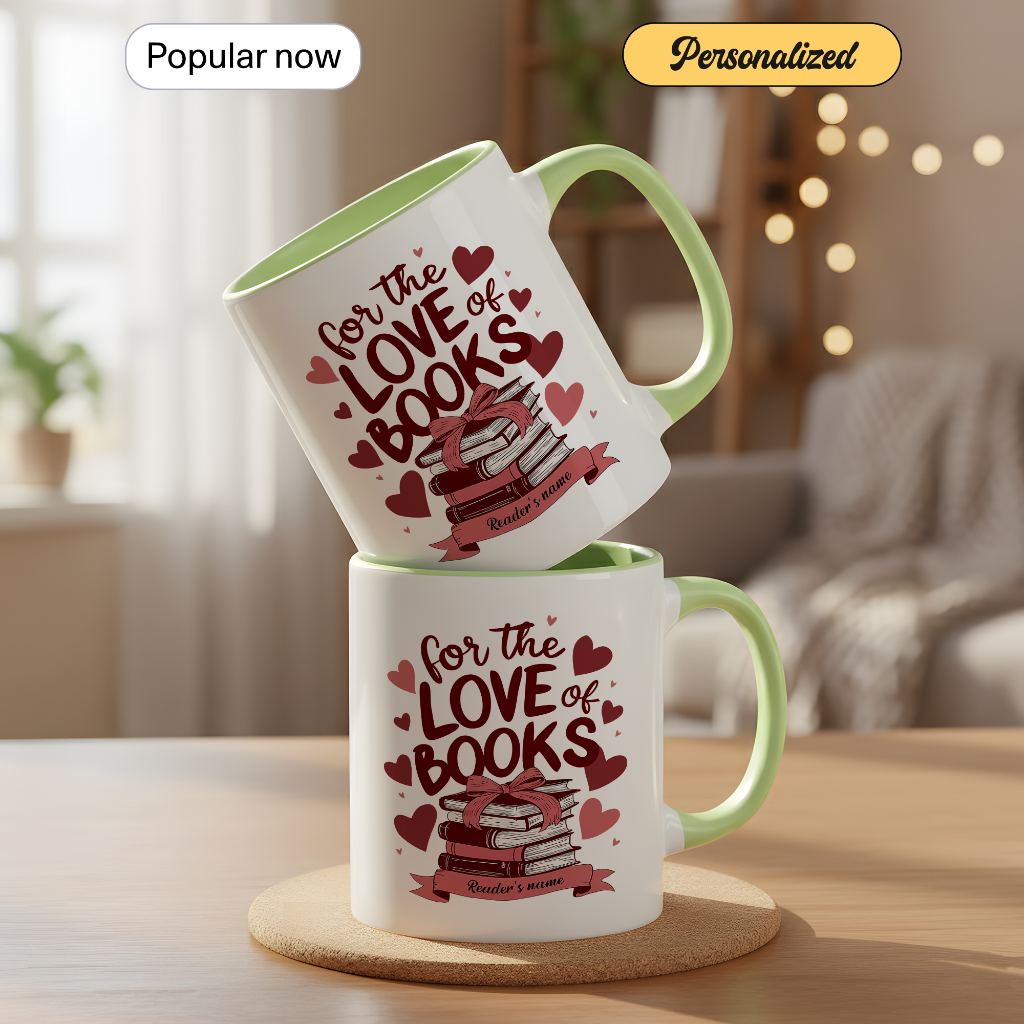 For The Love Of Books Personalized Mug – Custom Book Lover Gift – Romantic Reader Coffee Cup – 11oz 15oz Ringer Mug |Mug 114