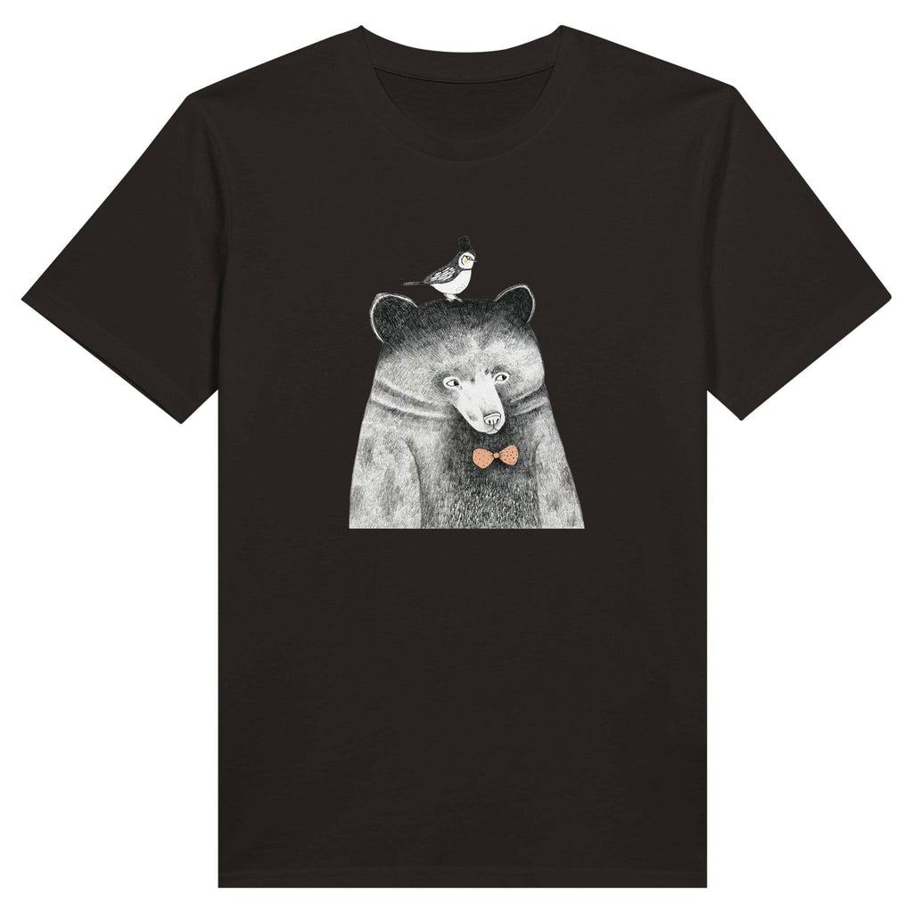 100% Organic Unisex T-shirt/Hand-Drawn-Bear-With-A-Bird-On-Her-Head