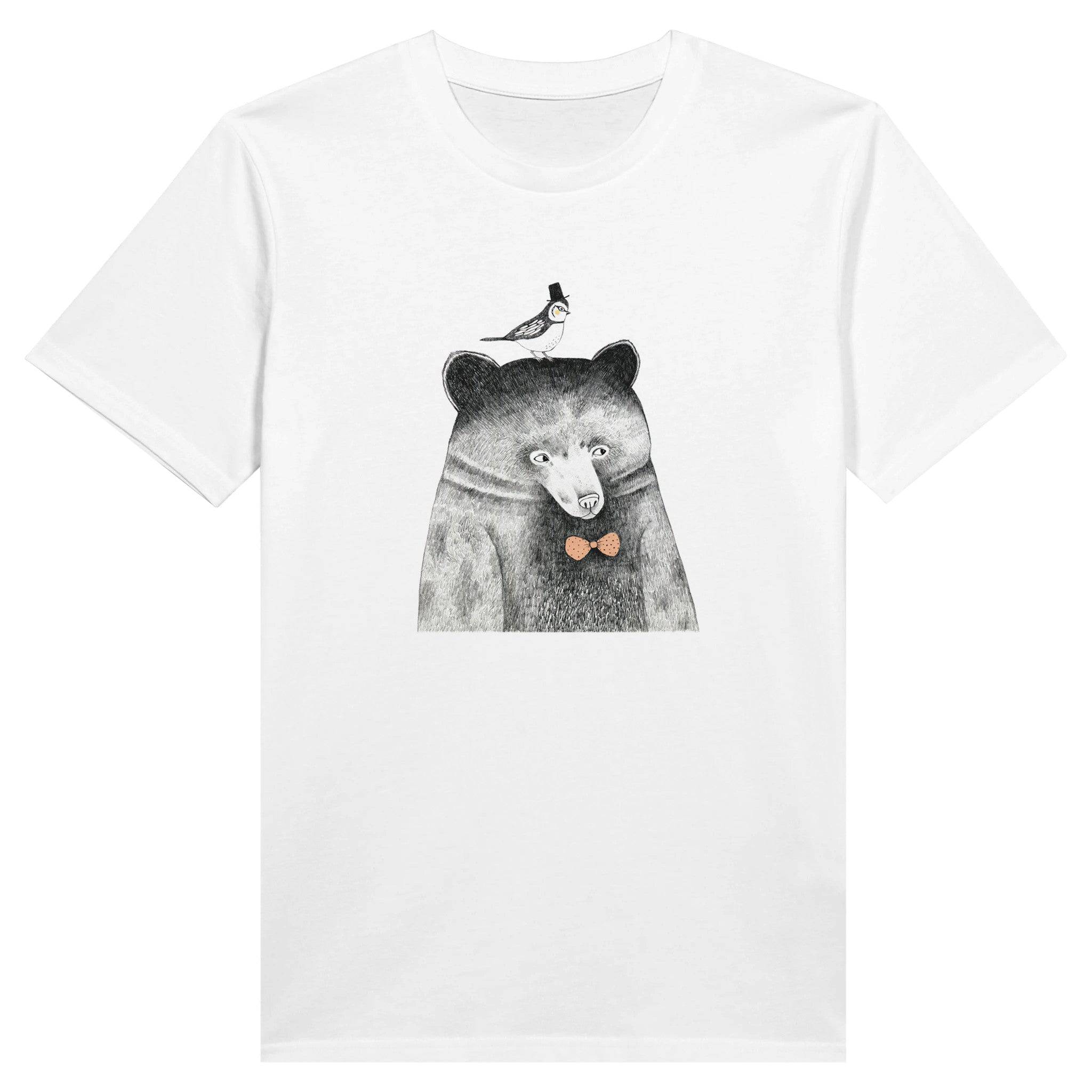 100% Organic Unisex T-shirt/Hand-Drawn-Bear-With-A-Bird-On-Her-Head