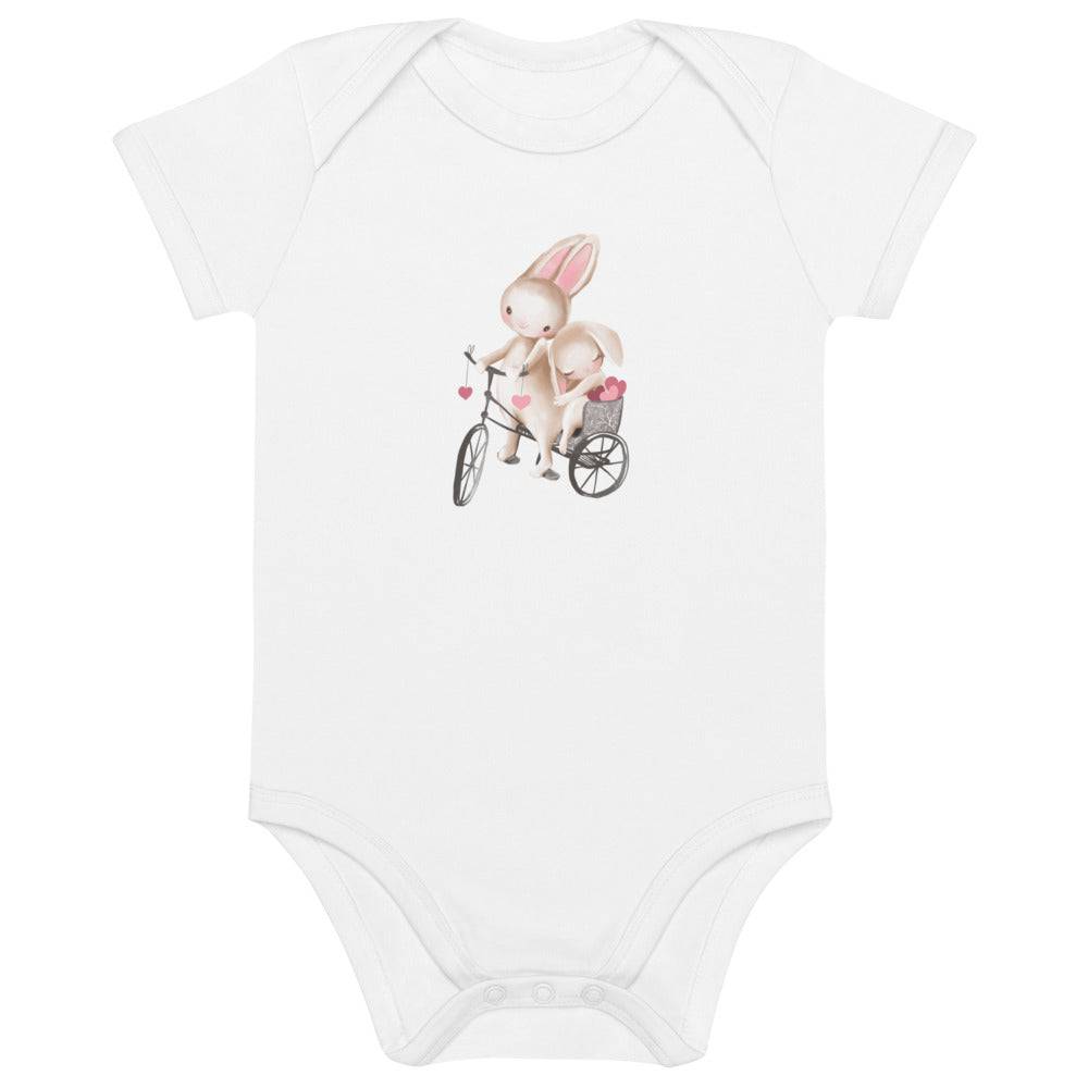 Organic cotton baby bodysuit/Bunnies Bicycle