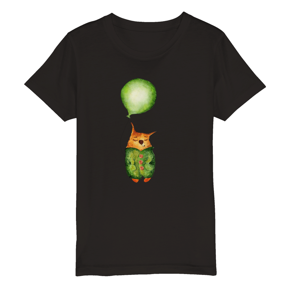 Organic Kids Crewneck T-shirt/Artistic-Animals-Cat-Balloon