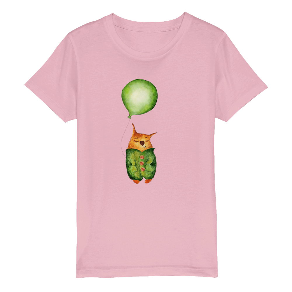 Organic Kids Crewneck T-shirt/Artistic-Animals-Cat-Balloon