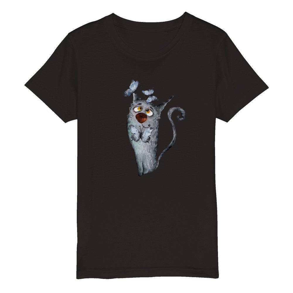 Organic Kids Crewneck T-shirt/Artistic-Animals-Cat-Butterflies