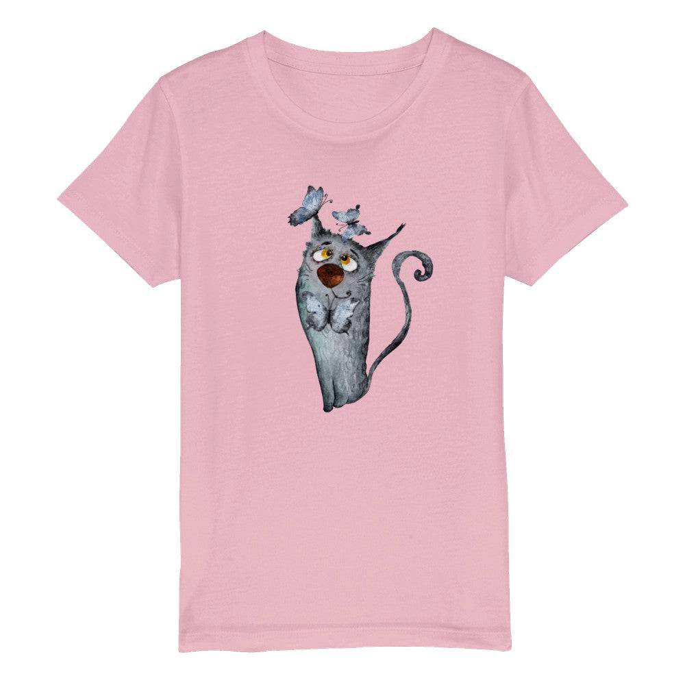 Organic Kids Crewneck T-shirt/Artistic-Animals-Cat-Butterflies