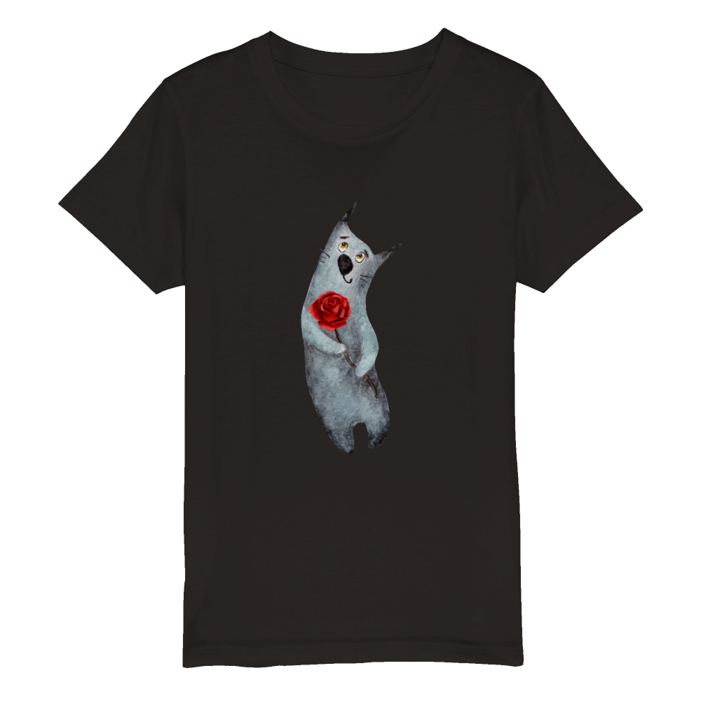 Organic Kids Crewneck T-shirt/Artistic-Animals-Cat-Flower