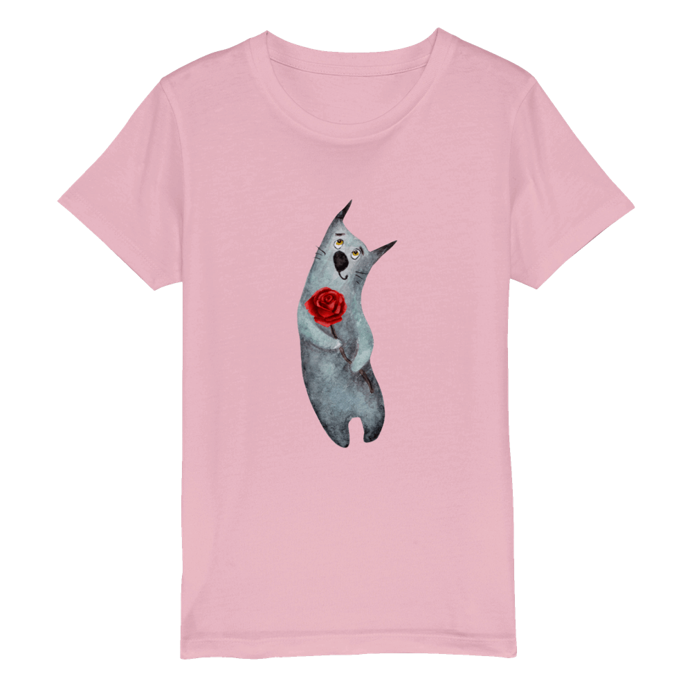Organic Kids Crewneck T-shirt/Artistic-Animals-Cat-Flower
