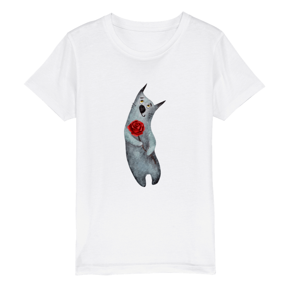 Organic Kids Crewneck T-shirt/Artistic-Animals-Cat-Flower