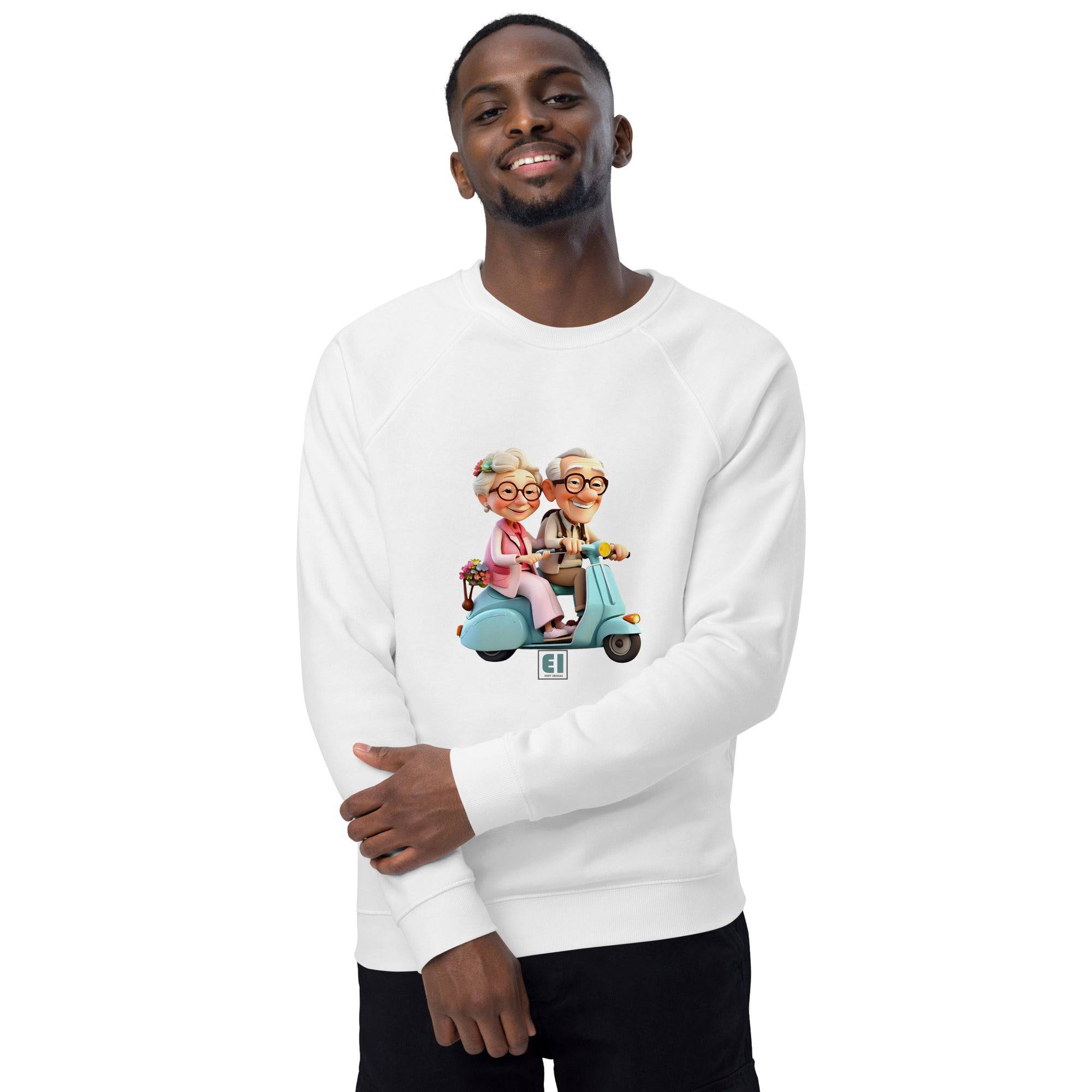 Unisex organic sweatshirt/Grandparents-Driving-Vespa