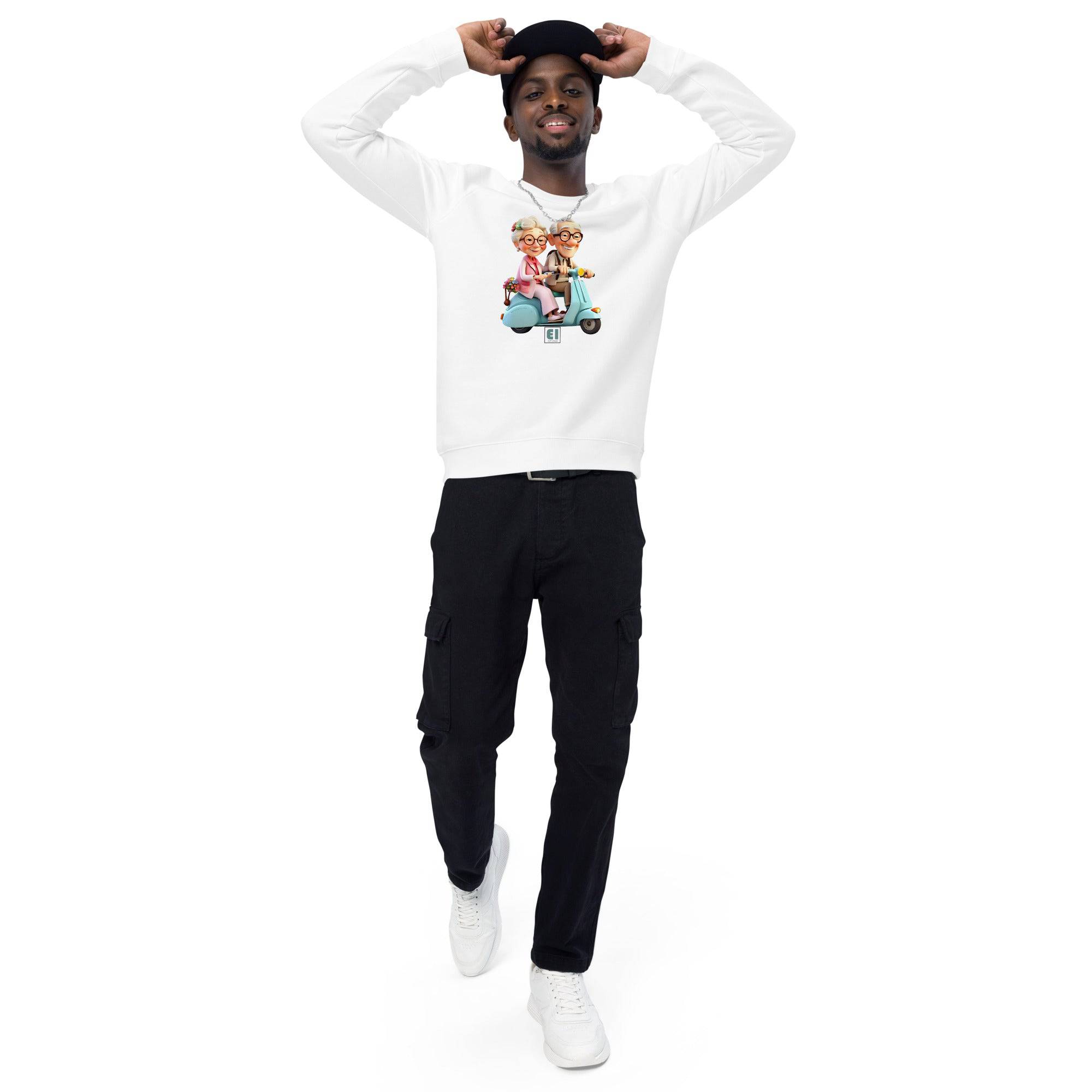 Unisex organic sweatshirt/Grandparents-Driving-Vespa